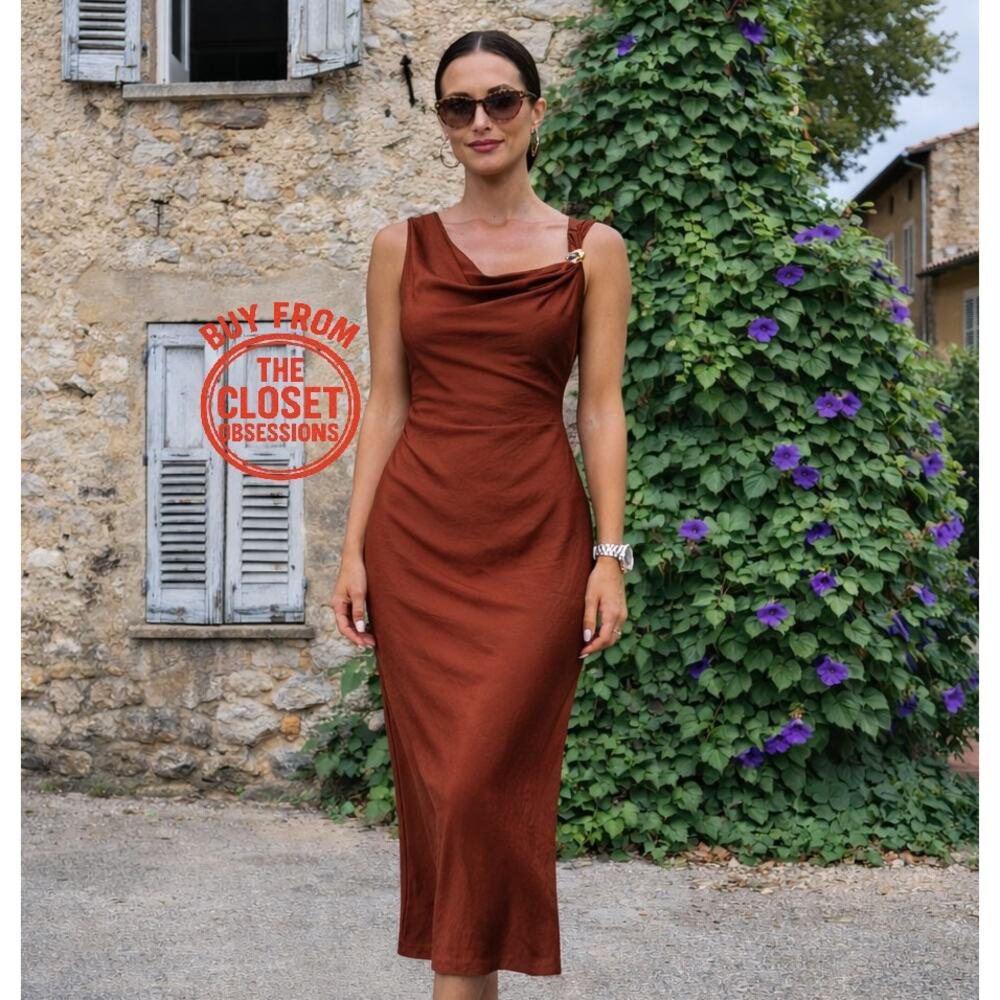 Zara Brown Cowl Neck Midi Dress NWT Gold Shoulder Detail Cocktail Dress